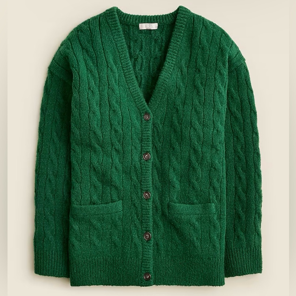 NWT J. Crew Relaxed Cable-Knit Cardigan, Deep Spruce Green, S/M, VERY Oversized